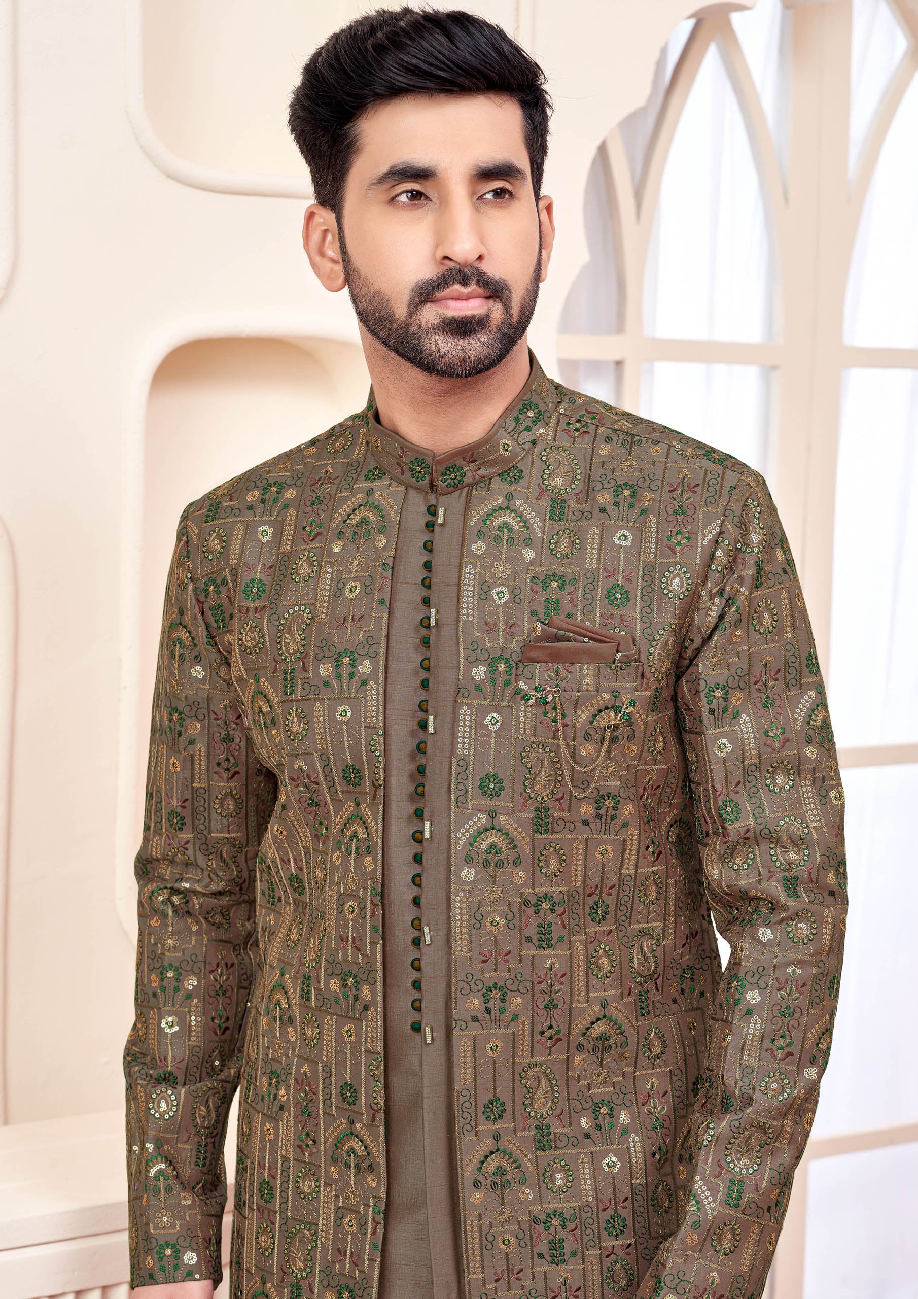 Stylish brown silk embroidered sherwani, showcasing fine craftsmanship, suitable for festive and ceremonial attire